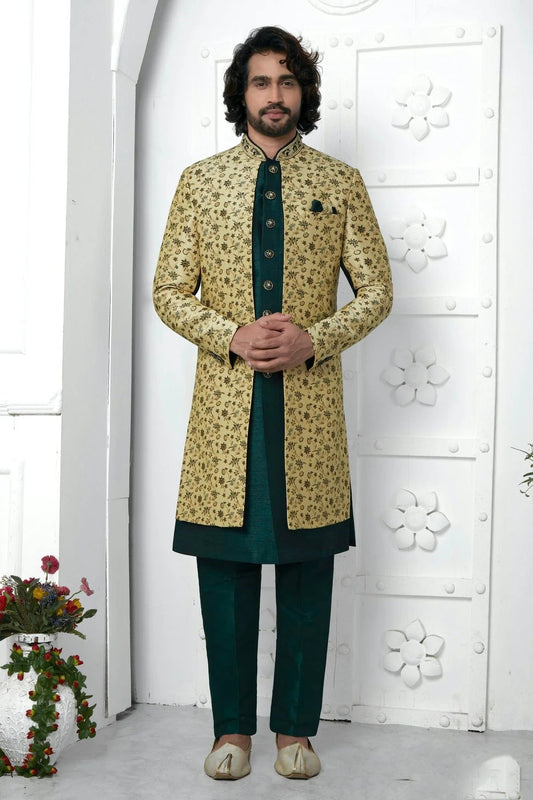 Beige Colour Jacquard Silk Indowestern Sherwani With Aligadhi Pant SH1230045