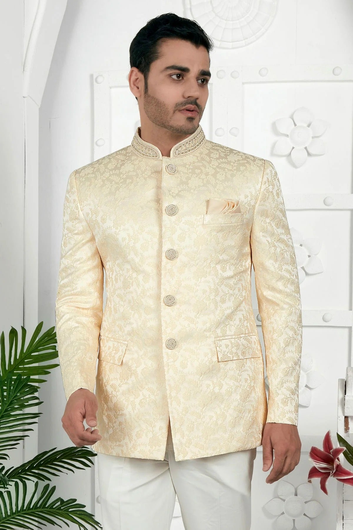 Beige Colour Jacquard Silk Jodhpuri Jacket JP1230106 A