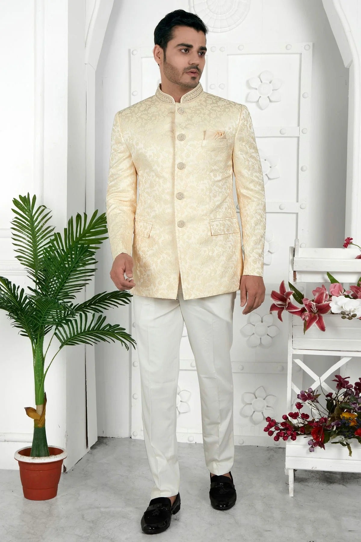 Beige Colour Jacquard Silk Jodhpuri Jacket JP1230106