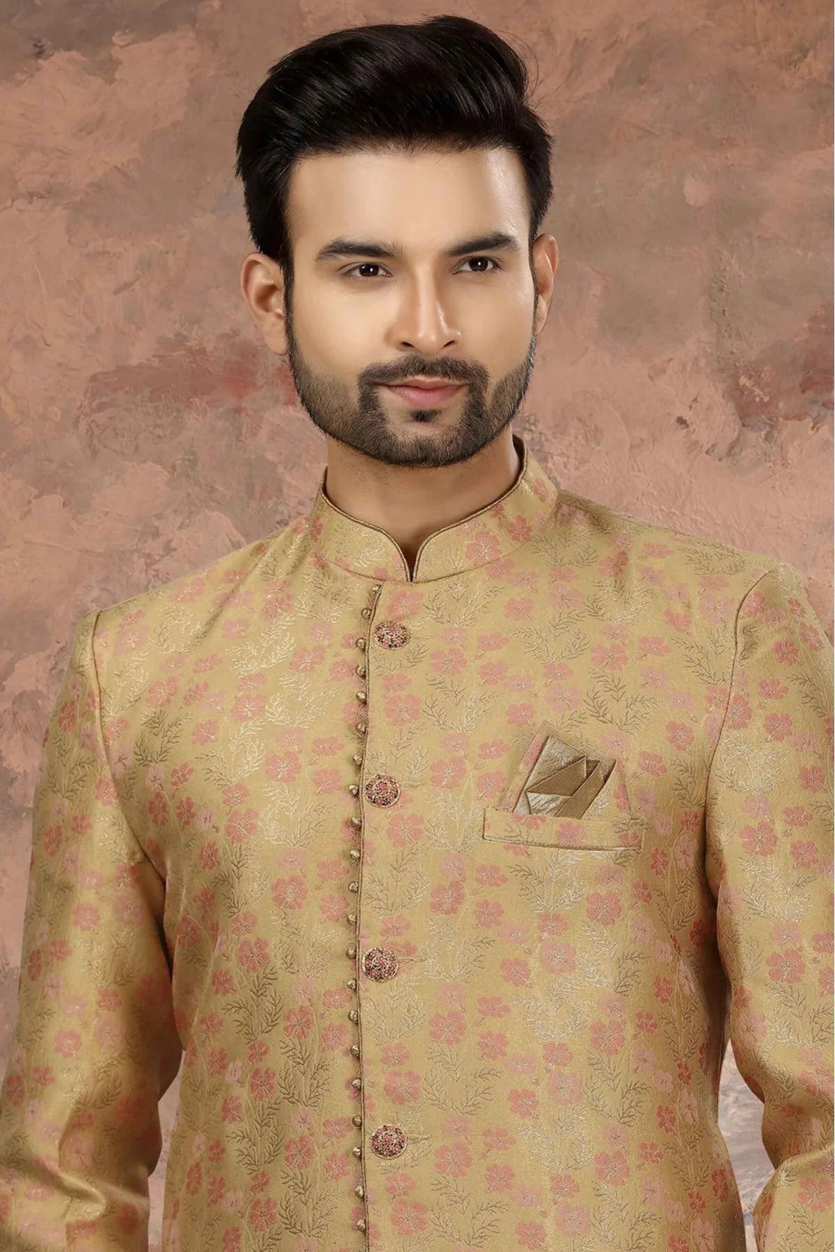 Beige Colour Jacquard Woven Sherwani SH1040322 A