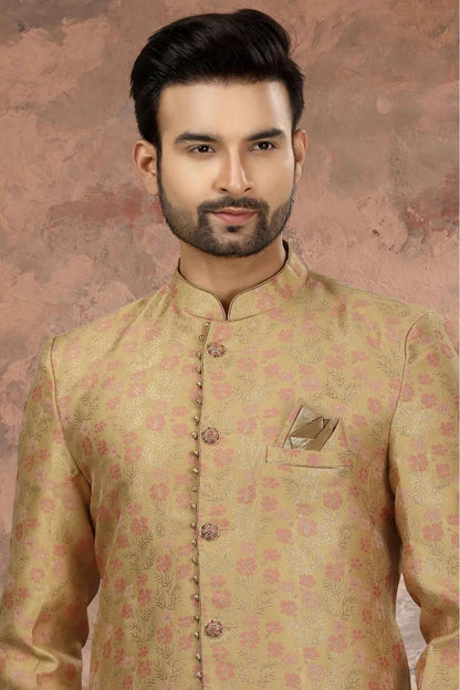 Beige Colour Jacquard Woven Sherwani SH1040322 A