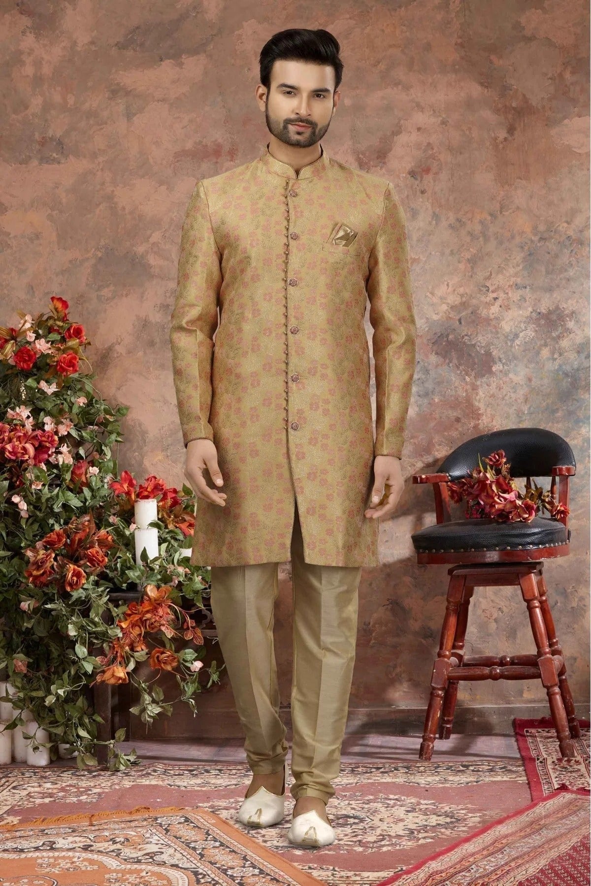 Beige Colour Jacquard Woven Sherwani SH1040322