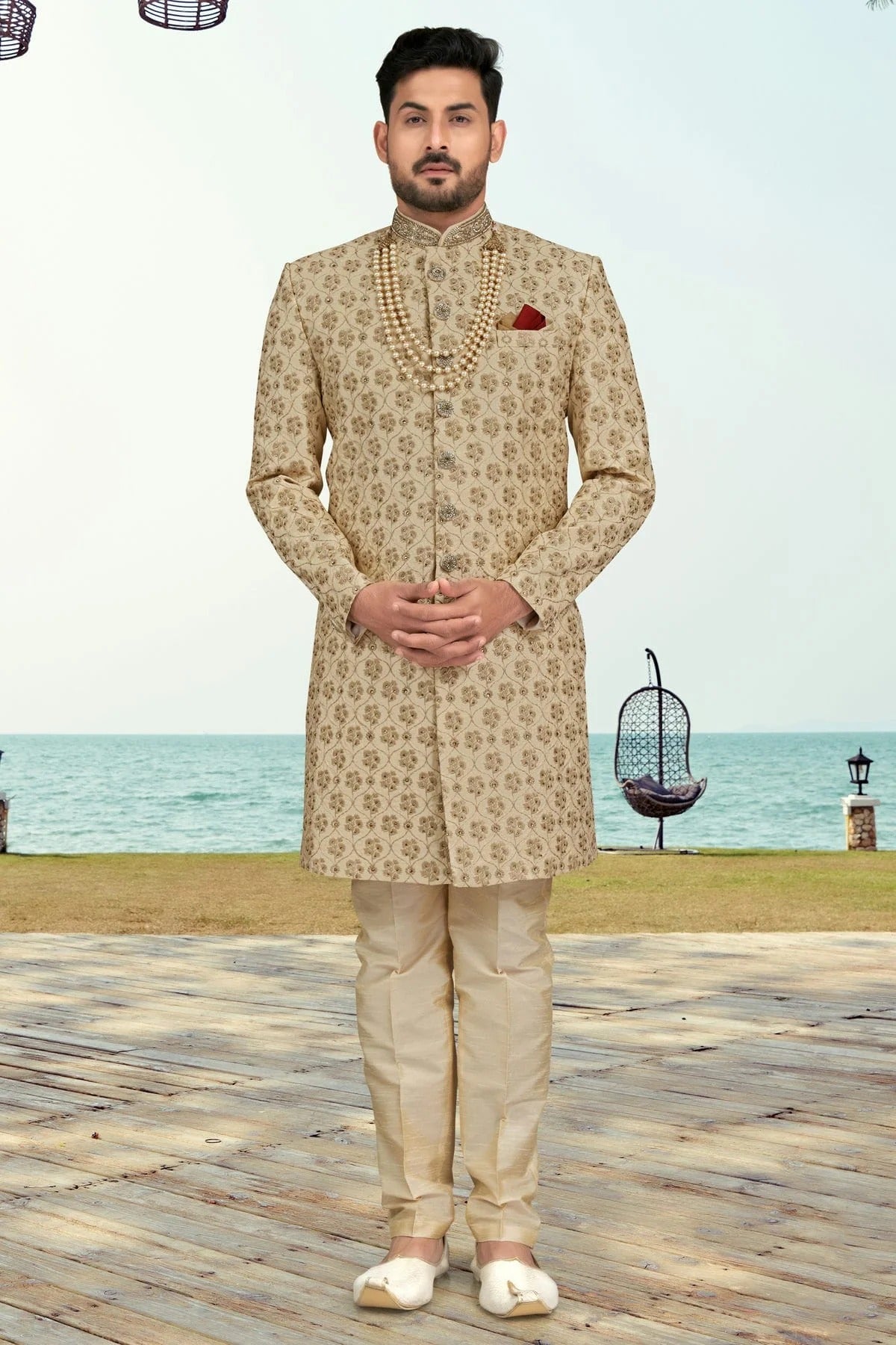 Beige Colour Kora Shine Silk Indo Western Sherwani SH1040510