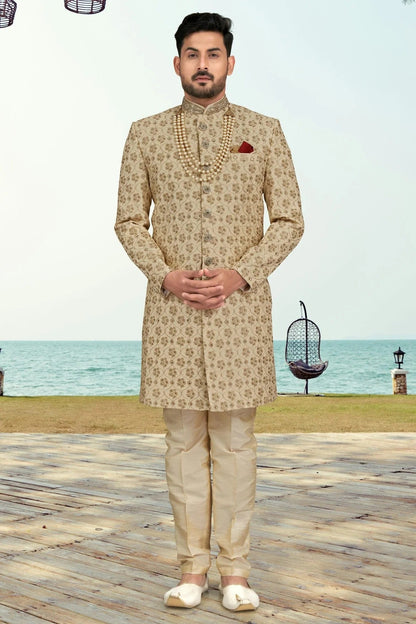 Beige Colour Kora Shine Silk Indo Western Sherwani SH1040510