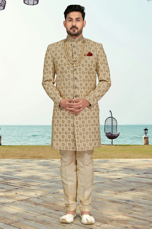 Beige Colour Kora Shine Silk Indo Western Sherwani SH1040510