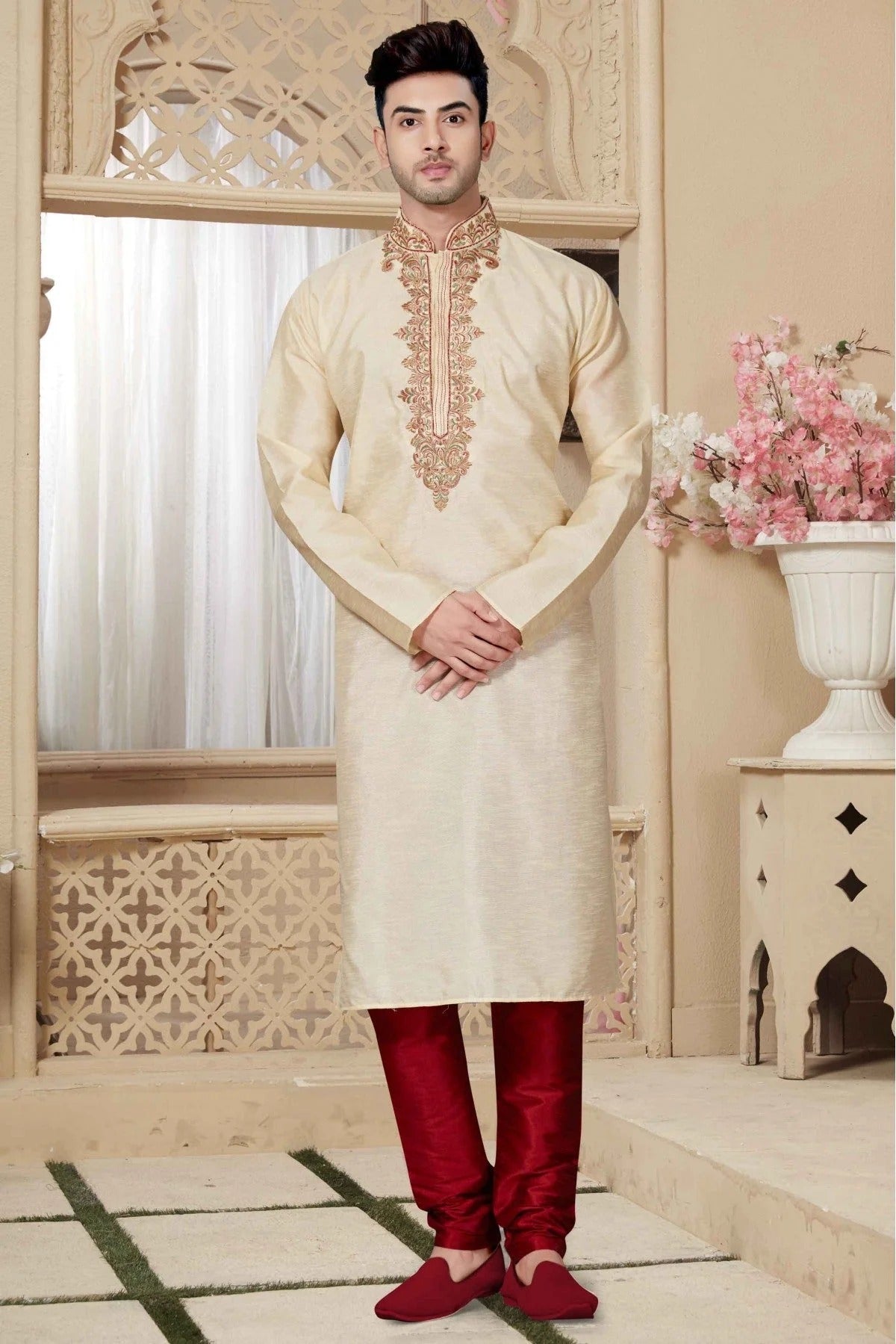 Beige Colour Kurta Pajama In Art Dhupion Fabric KP1040005