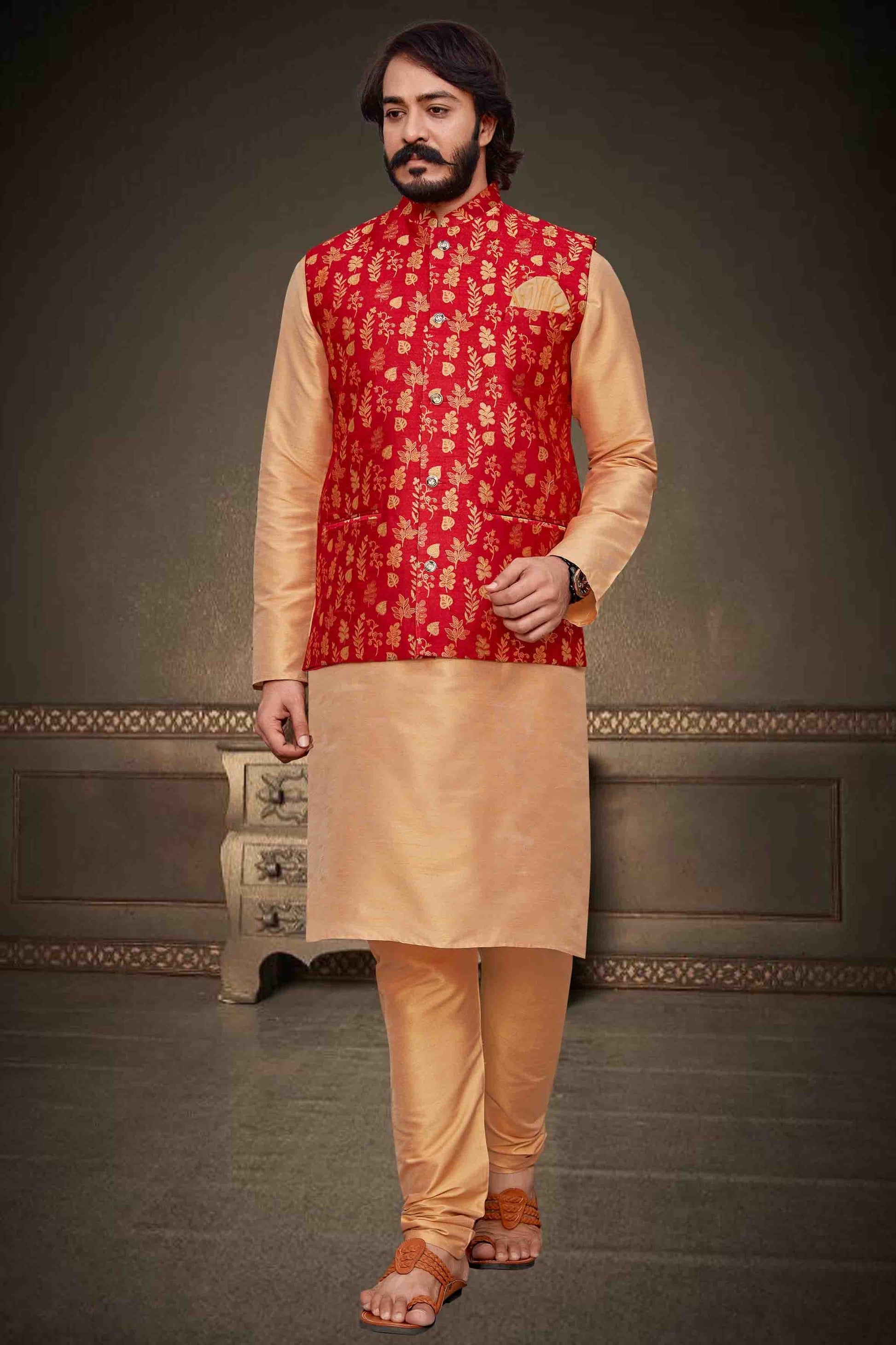 Beige Colour Kurta Pajama With Jacket In Art Silk KP1210353