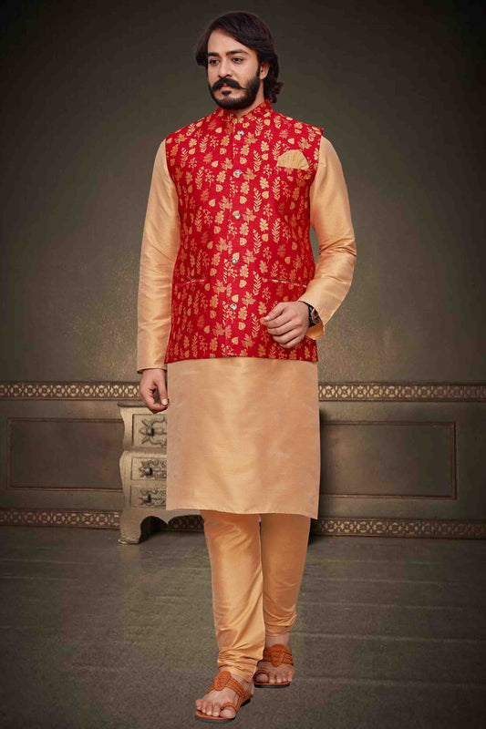 Beige Colour Kurta Pajama With Jacket In Art Silk KP1210353