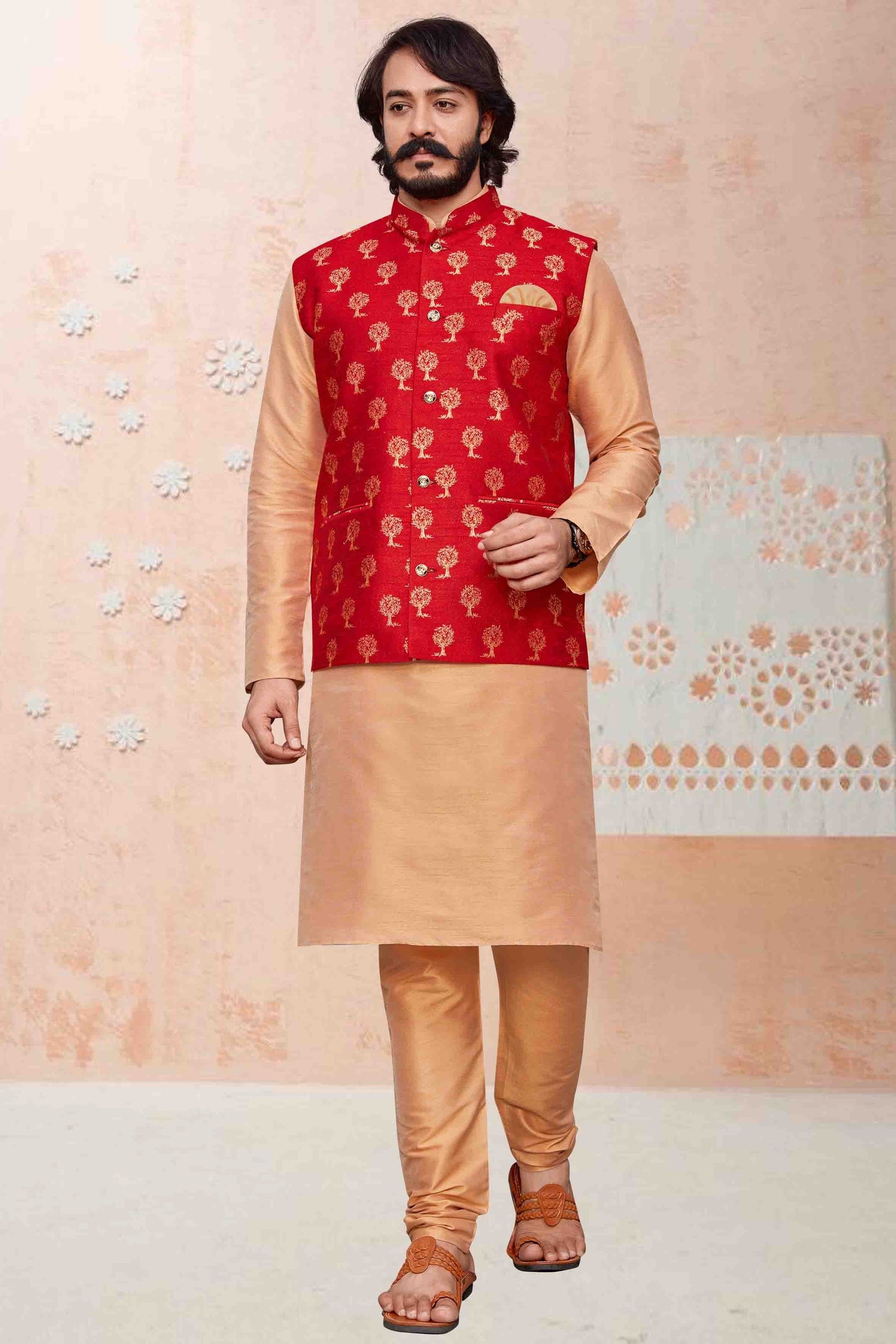 Beige Colour Kurta Pajama With Jacket In Art Silk KP1210354