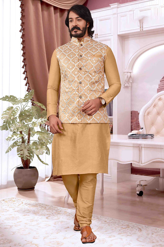 Beige Colour Kurta Pajama With Jacket In Art Silk KP1210396