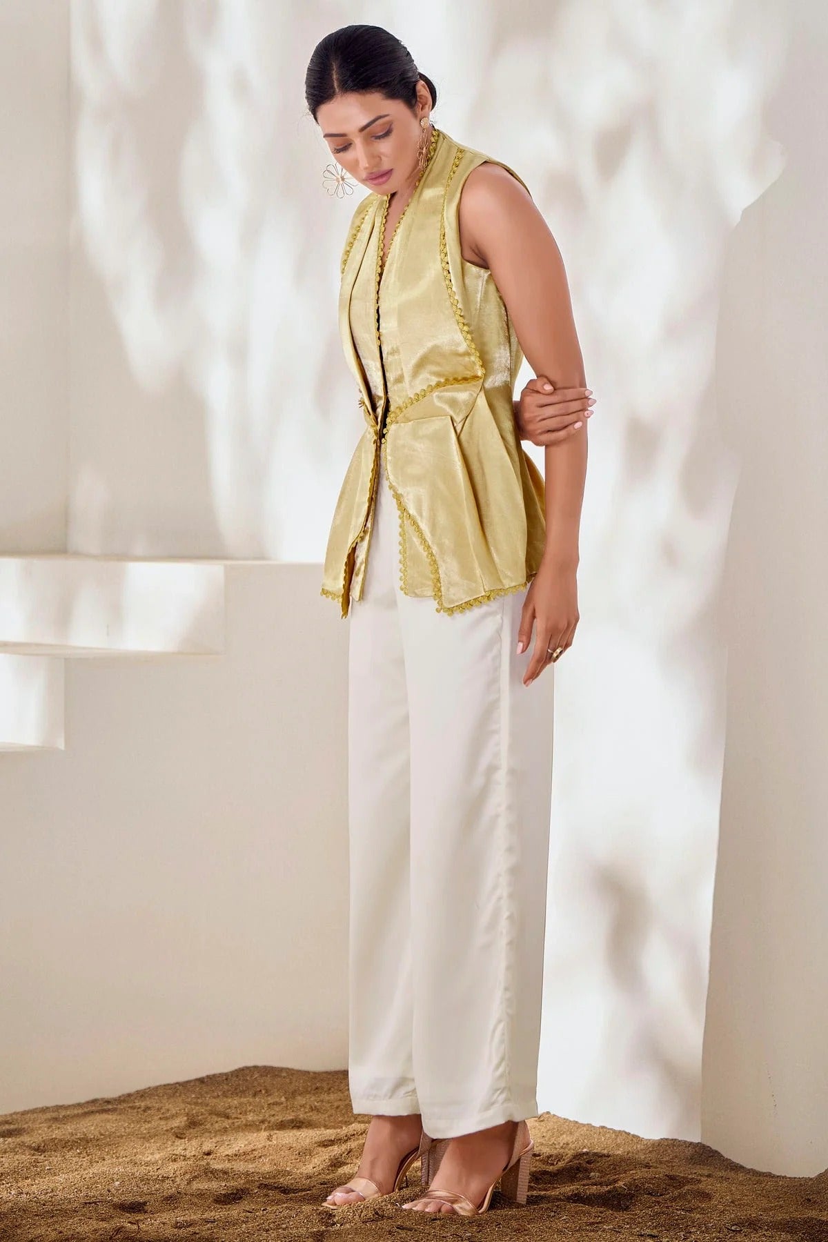 Beige Colour Lace Work Pure Gaji Silk Top TP1080909 A