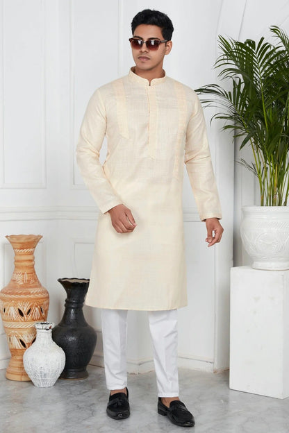 Beige Colour Linen Cotton Pintex Work Kurta Pajama KP1230125 A