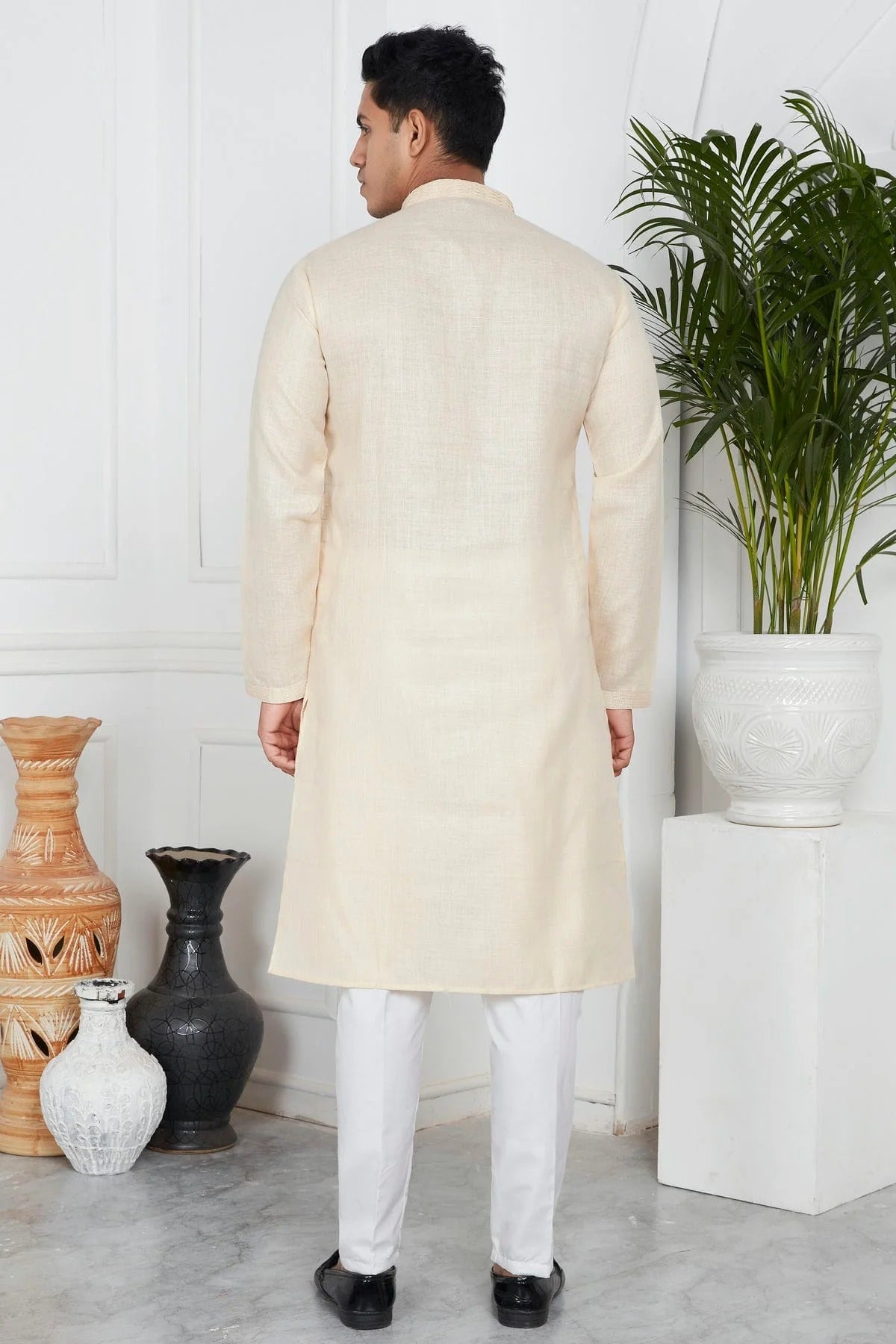 Beige Colour Linen Cotton Pintex Work Kurta Pajama KP1230125 B