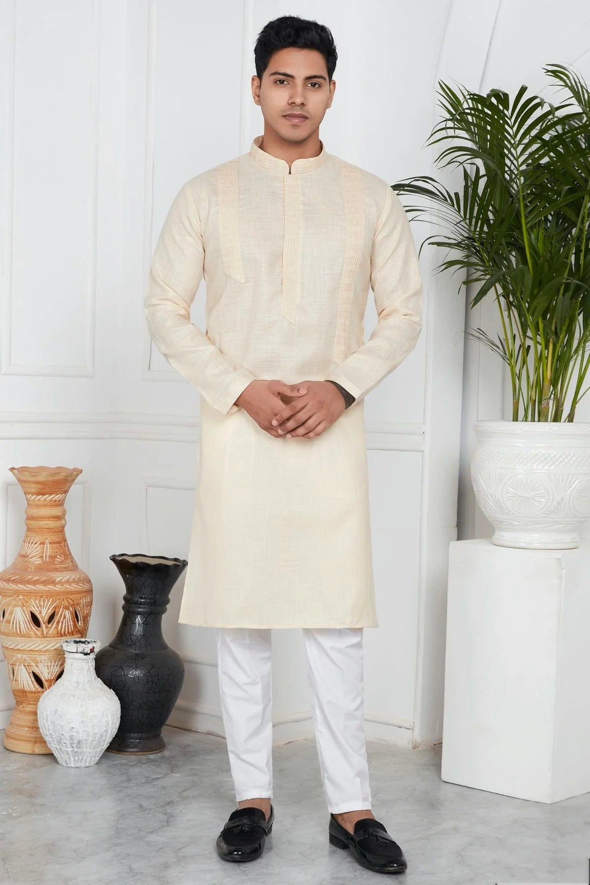 Beige Colour Linen Cotton Pintex Work Kurta Pajama KP1230125