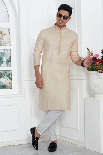 Beige Colour Linen Cotton Thread Work Kurta Pajama KP1230145 A
