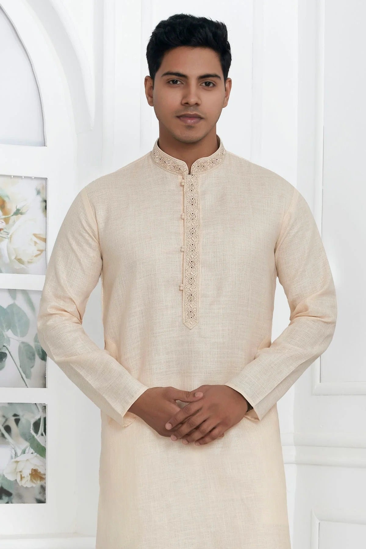 Beige Colour Linen Cotton Thread Work Kurta Pajama KP1230145 B