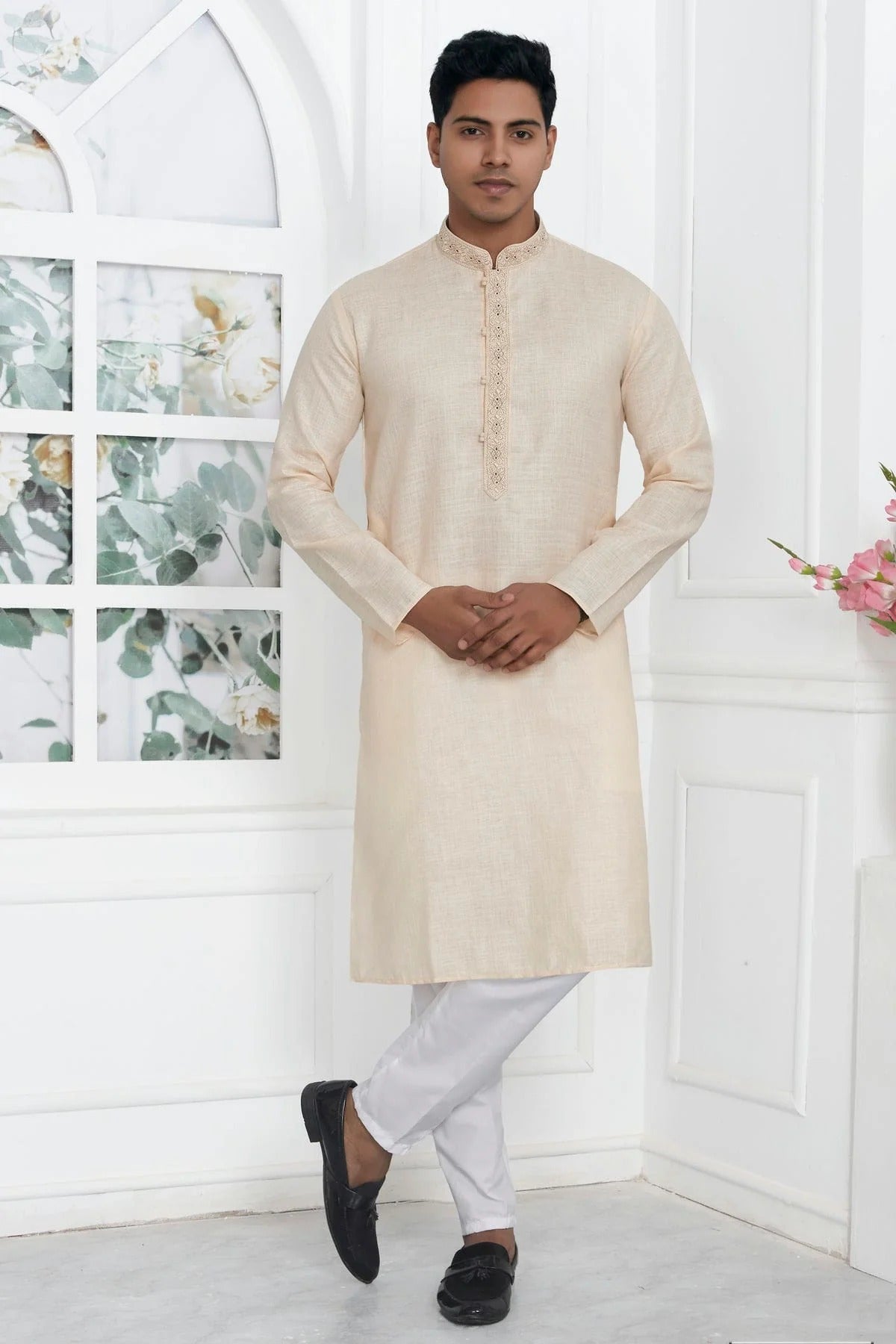 Beige Colour Linen Cotton Thread Work Kurta Pajama KP1230145