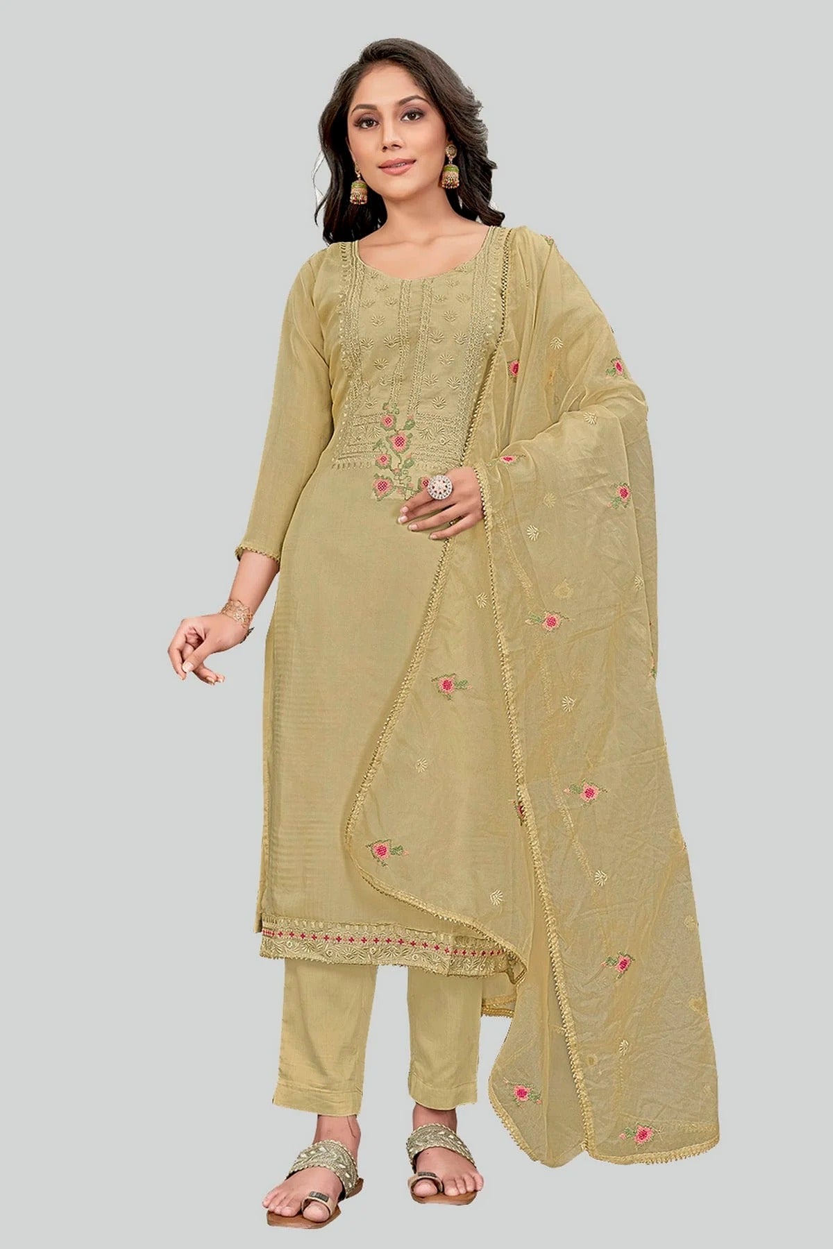 Beige Colour Modal Silk Pant Style Suit SM1110645