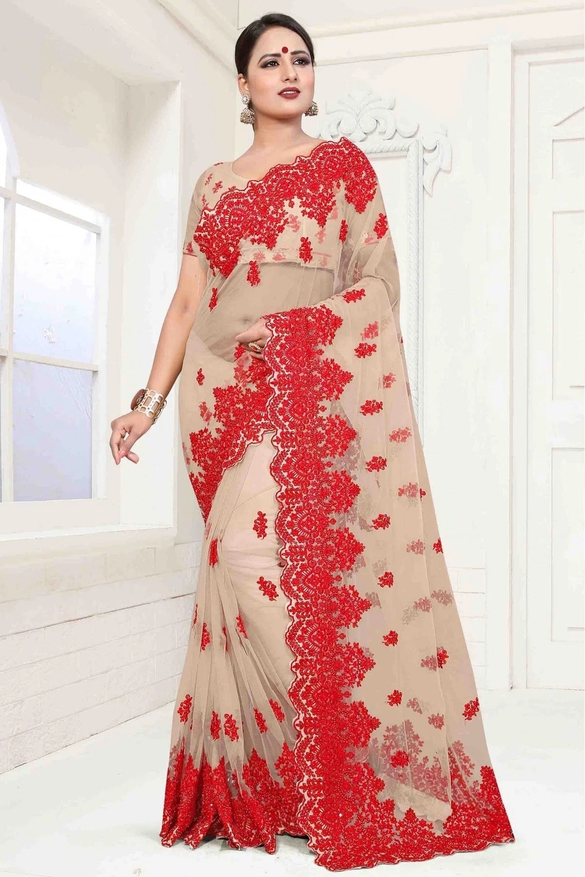Beige Colour Net Designer Saree SD1090046