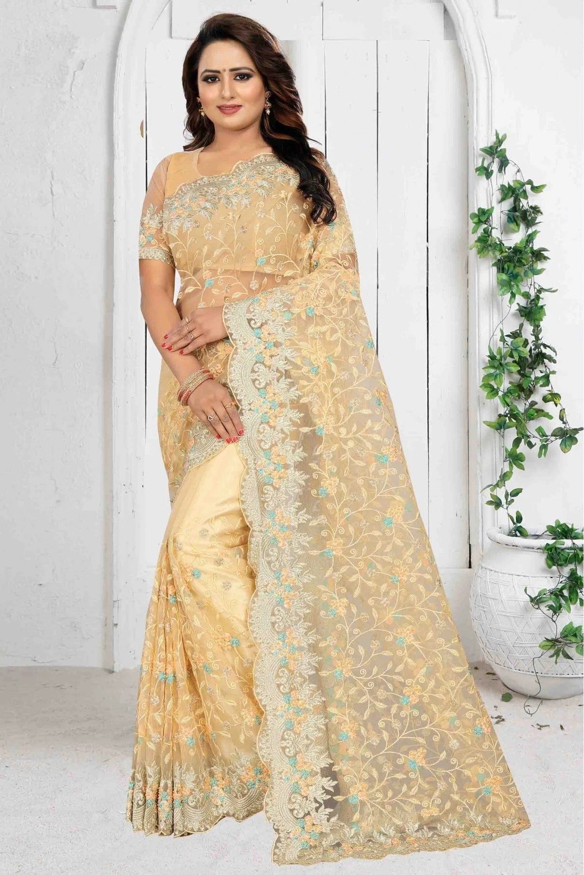 Beige Colour Net Designer Saree SD1090081