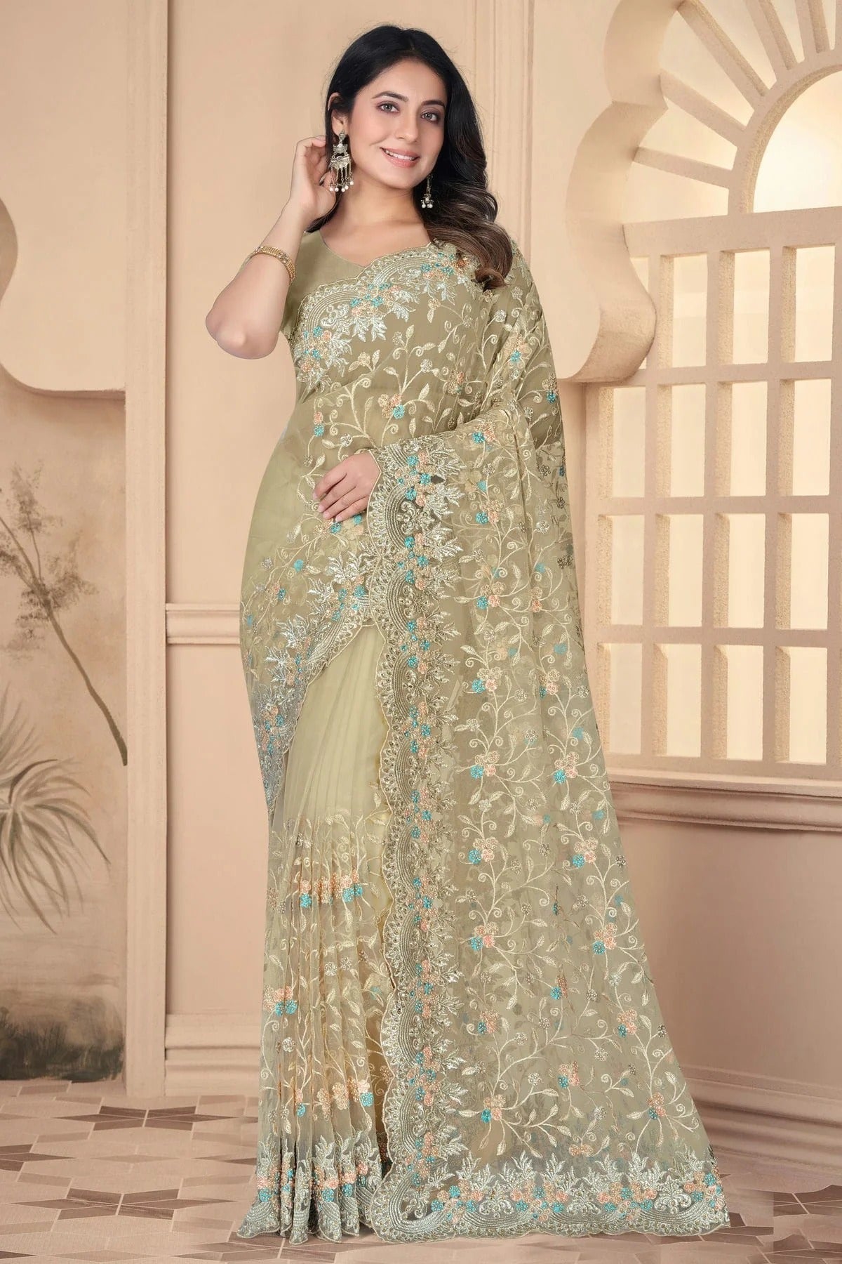 Beige Colour Net Designer Saree SD1091084