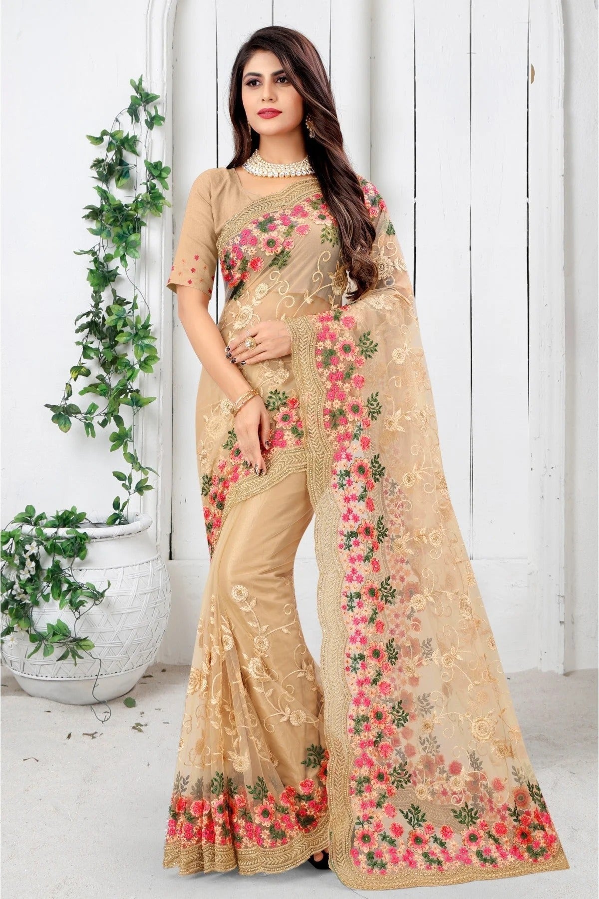 Beige Colour Net Embroidery Saree SD1090452