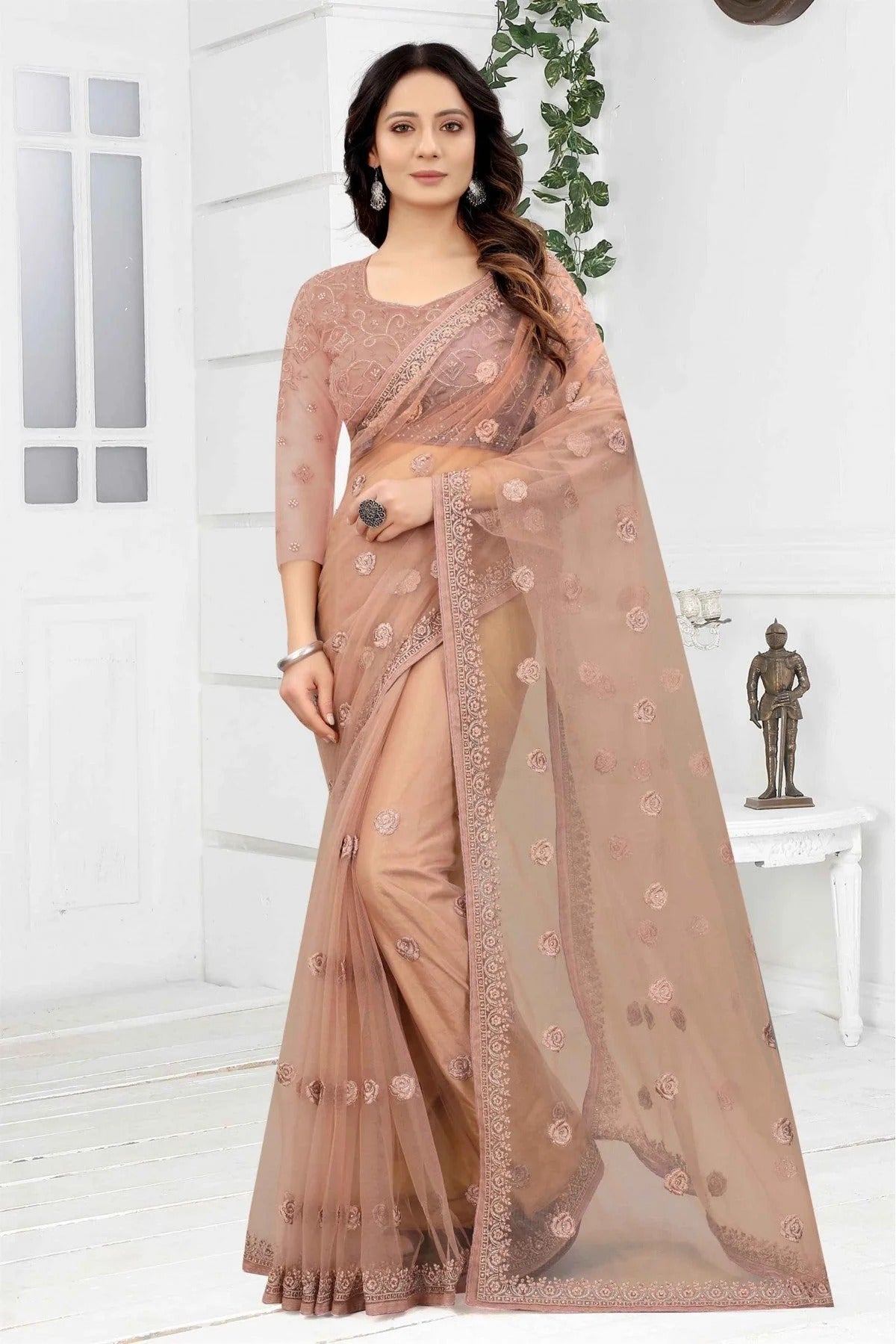 Beige Colour Net Embroidery Saree SD1120880