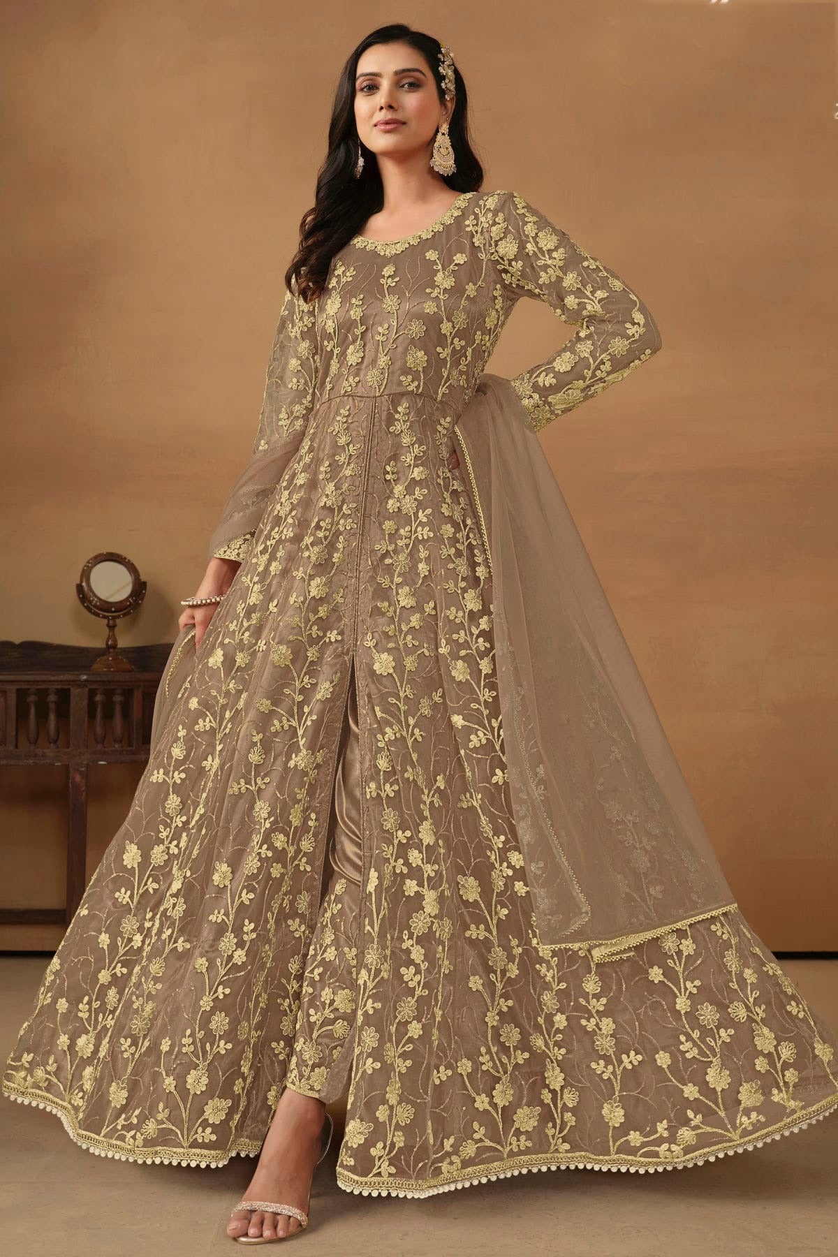 Beige Colour Net Pant Style Suit SM1050573