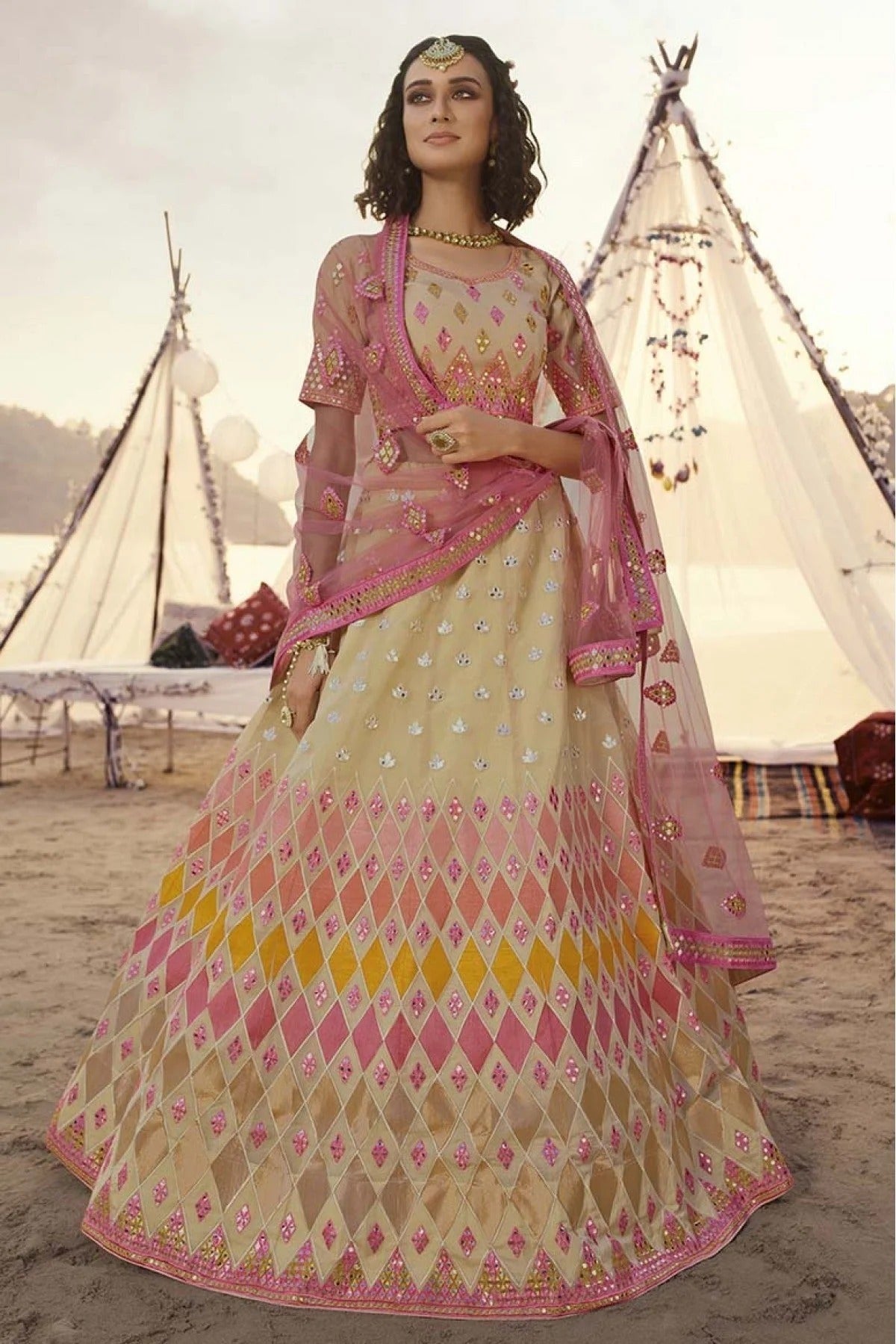 Beige Colour Organza Embroidery Lehenga Choli LC1080234