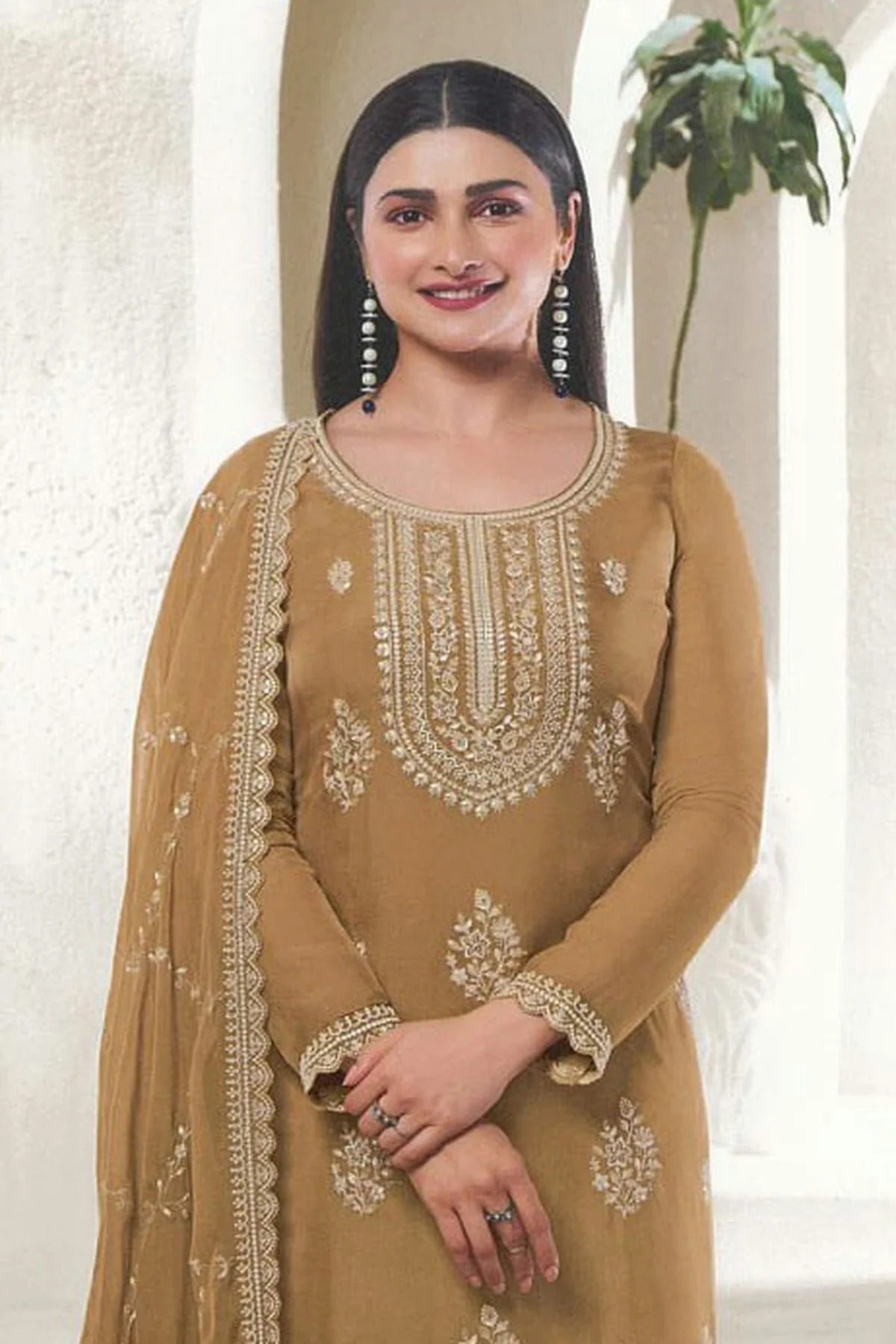 Beige Colour Organza Silk Pant Style Suit SM1140095 A
