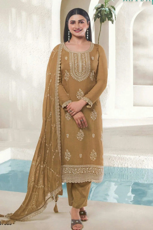 Beige Colour Organza Silk Pant Style Suit SM1140095