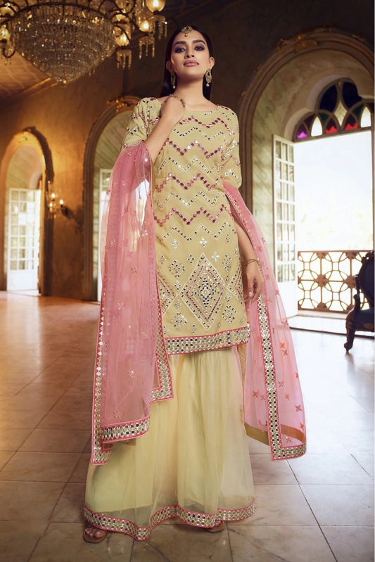 Beige Colour Organza Thread Work Sharara Suit SM1080647