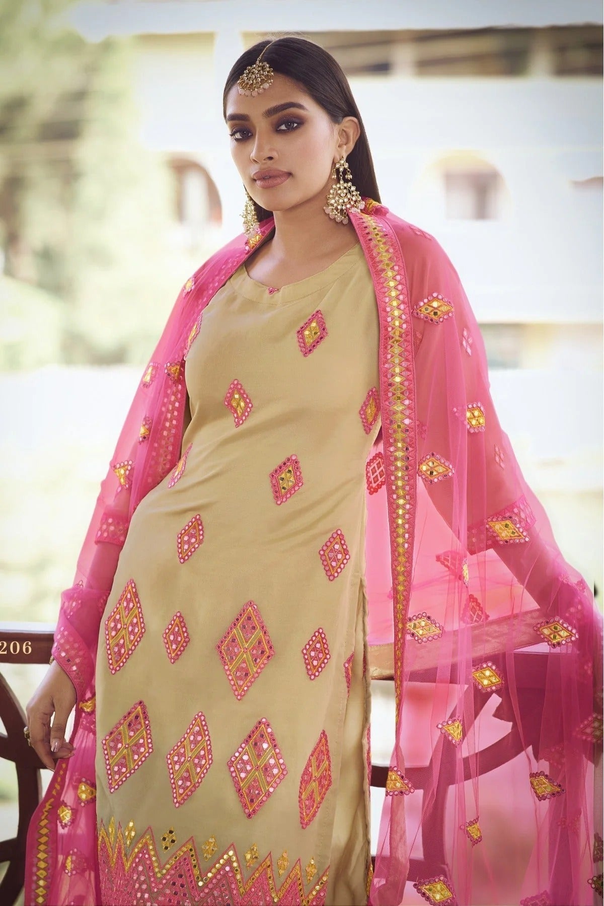 Beige Colour Organza Thread Work Sharara Suit SM1080652 A