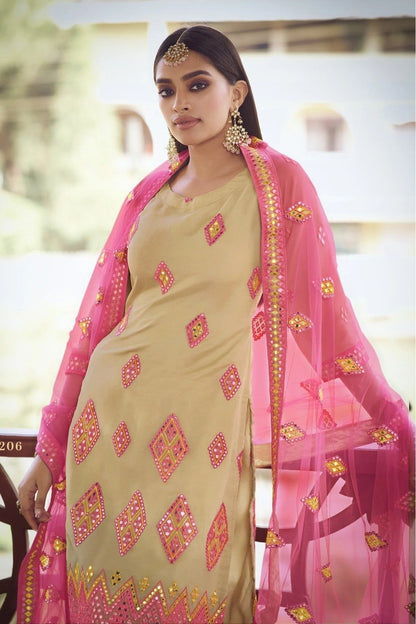 Beige Colour Organza Thread Work Sharara Suit SM1080652 A