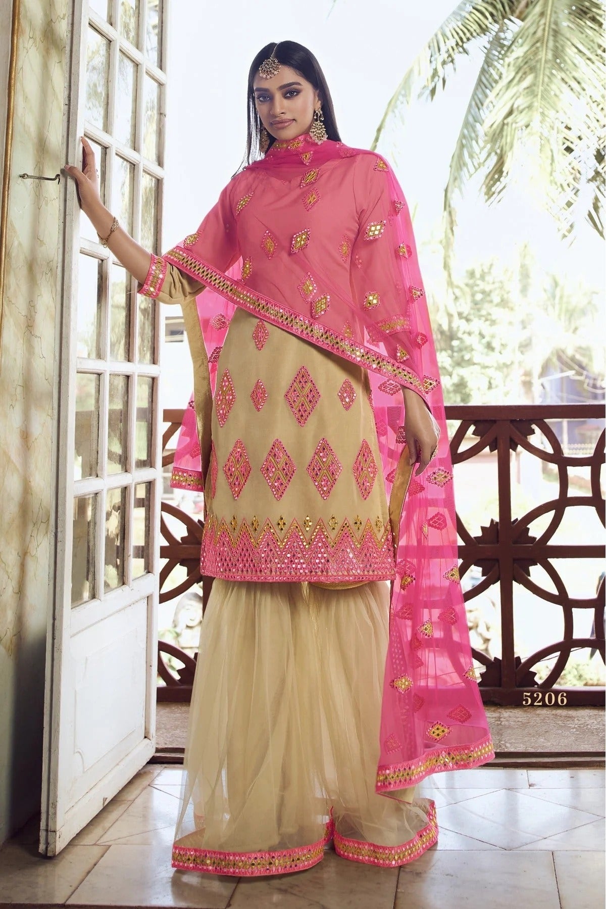 Beige Colour Organza Thread Work Sharara Suit SM1080652
