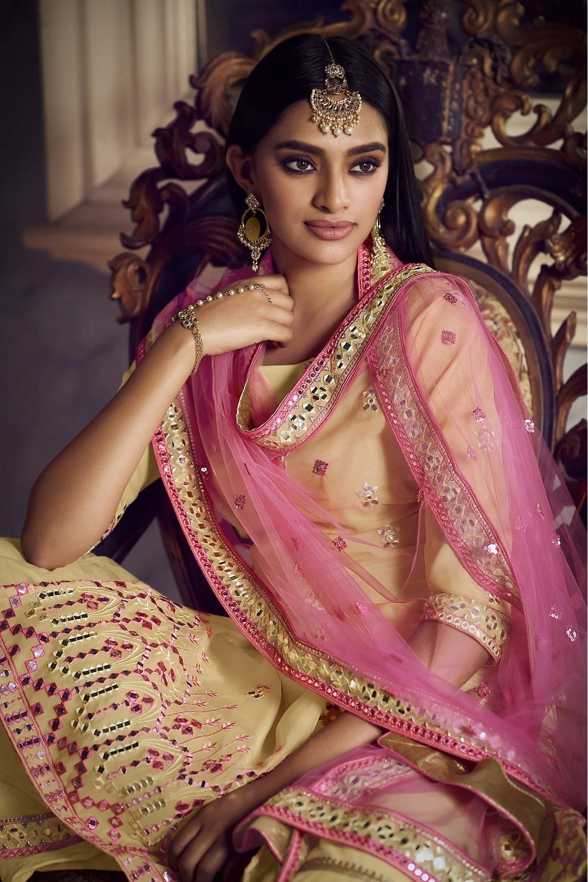 Beige Colour Organza Thread Work Sharara Suit SM1080654 A