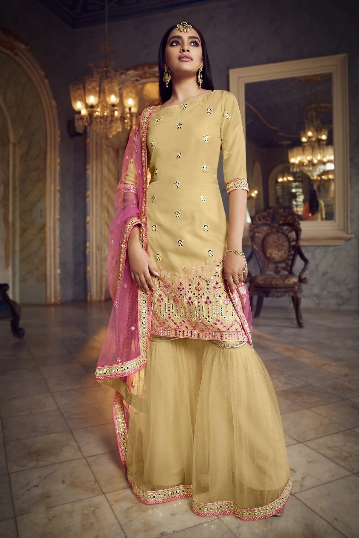 Beige Colour Organza Thread Work Sharara Suit SM1080654