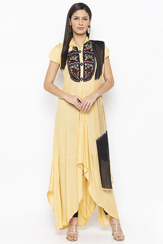 Beige Colour Plus Size Cotton Embroidery Pant Style Suit BW1070318