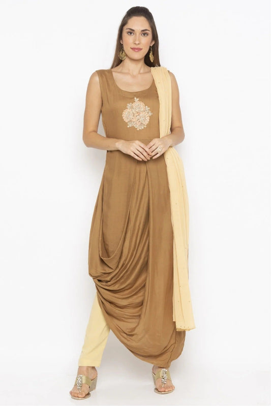 Beige Colour Plus Size Cotton Embroidery Pant Style Suit BW1070321