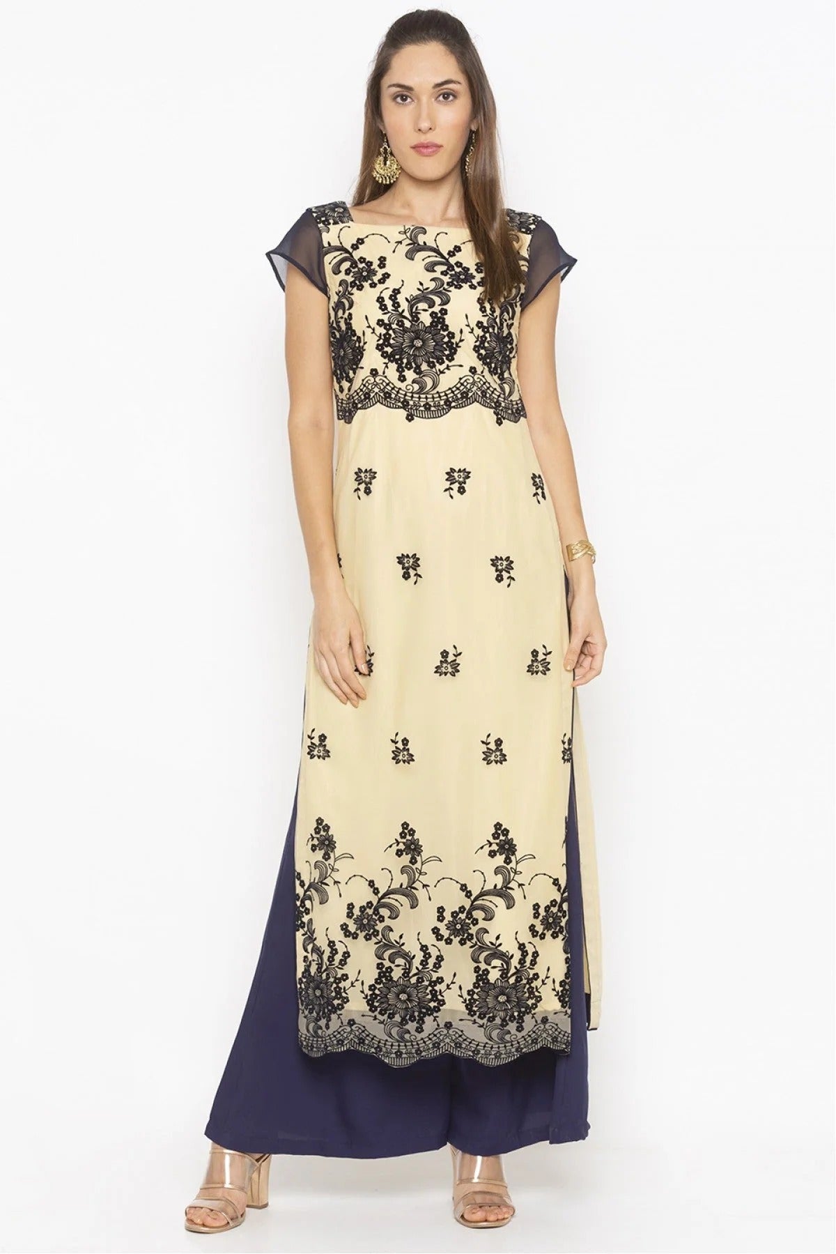 Beige Colour Plus Size Net Embroidery Kurta Set KR1070489