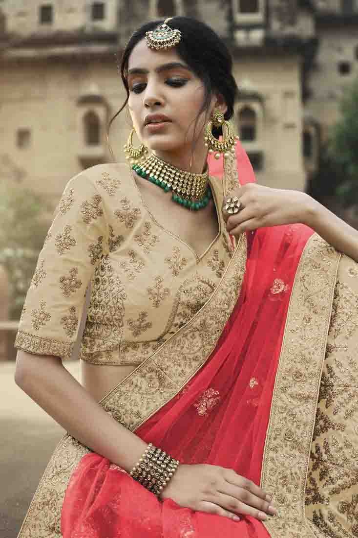 Beige Colour Satin Thread Work Lehenga Choli LC1080344 A