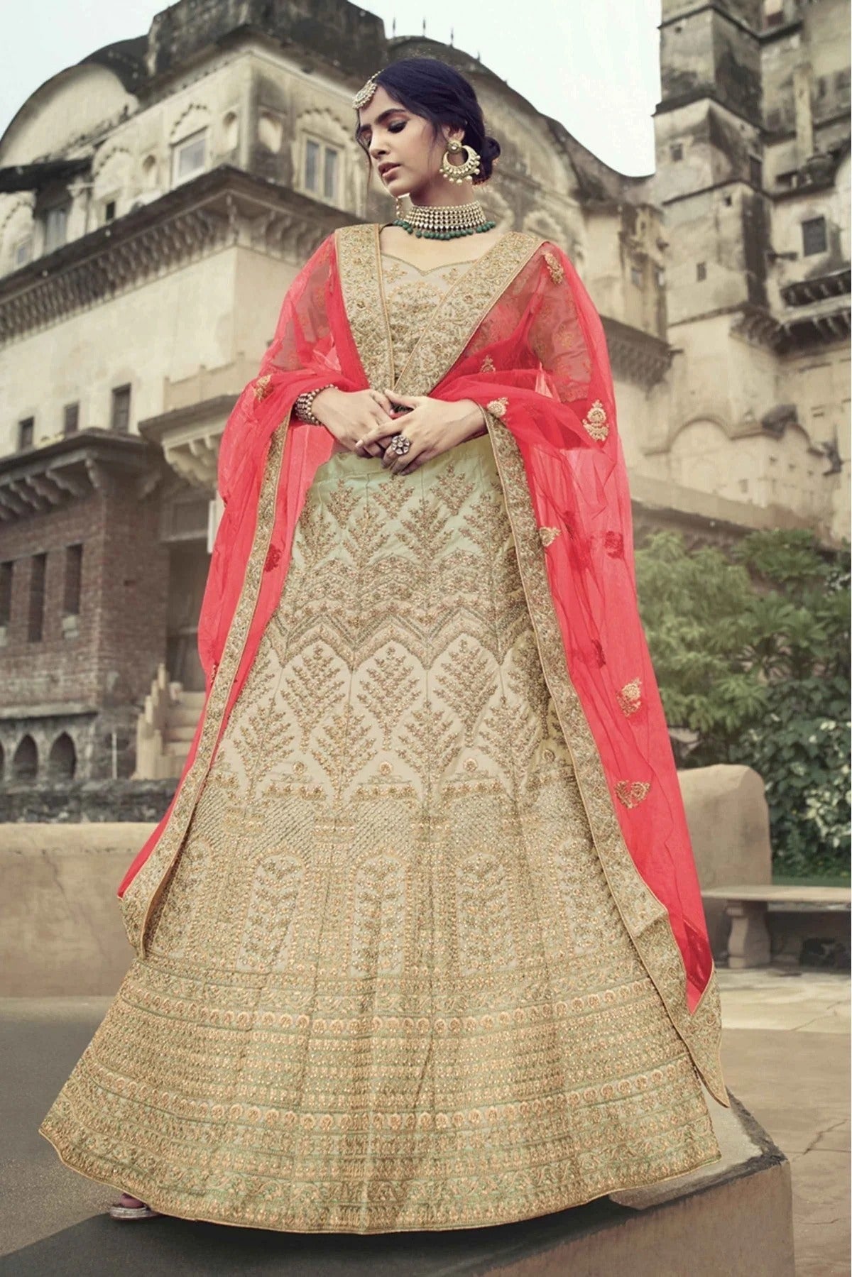 Beige Colour Satin Thread Work Lehenga Choli LC1080344