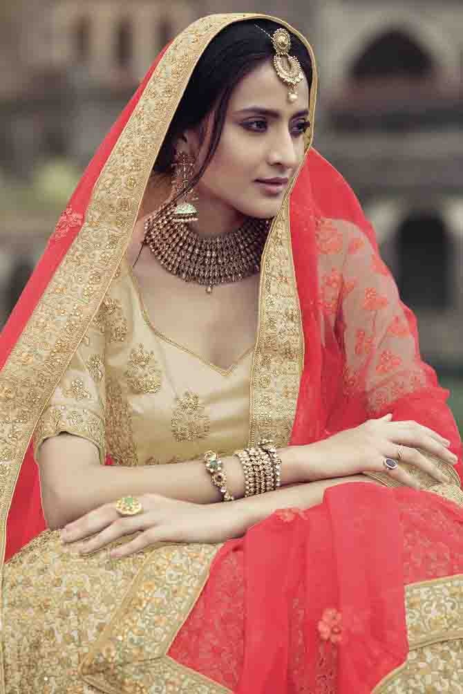 Beige Colour Satin Thread Work Lehenga Choli LC1080351 A