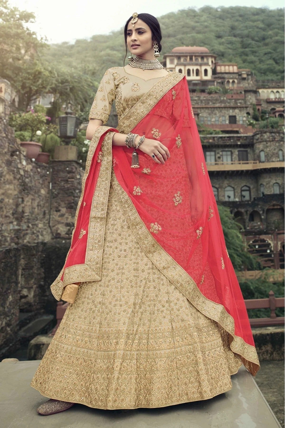 Beige Colour Satin Thread Work Lehenga Choli LC1080351
