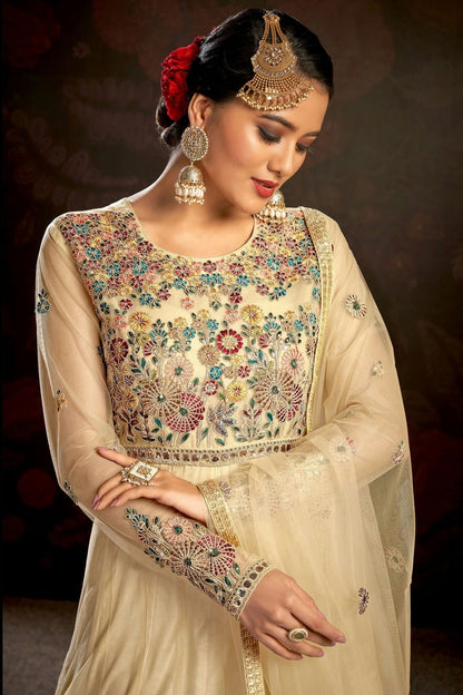 Beige Colour Semi Stitched Butterfly Net Anarkali Suit SM1140149 A
