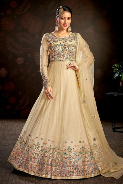 Beige Colour Semi Stitched Butterfly Net Anarkali Suit SM1140149