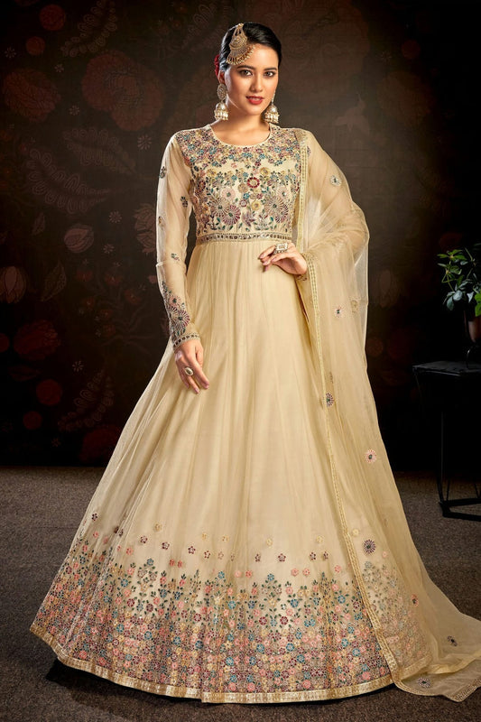Beige Colour Semi Stitched Butterfly Net Anarkali Suit SM1140149