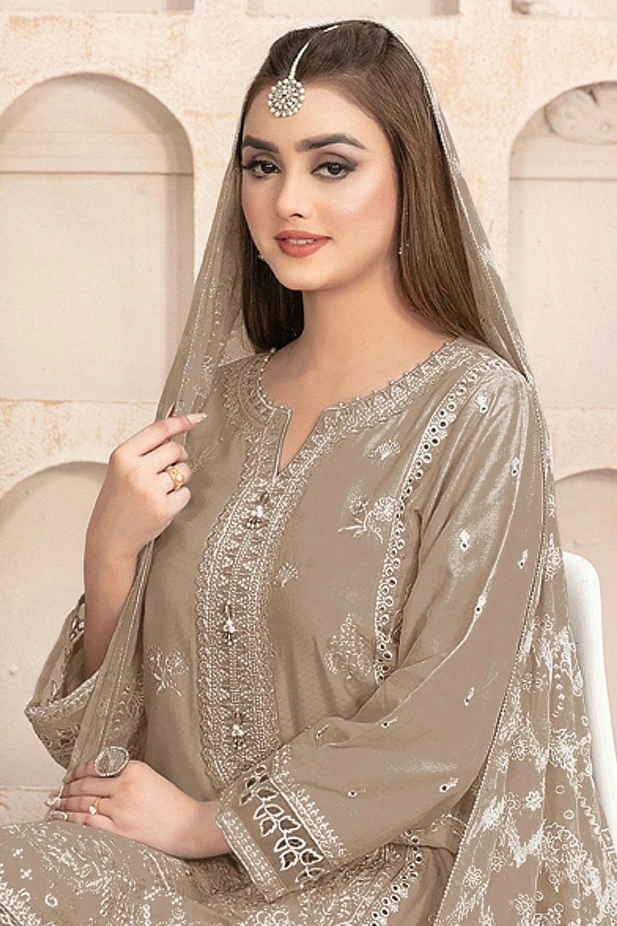Beige Colour Semi Stitched Faux Georgette Pakistani Suit SM1140184 A