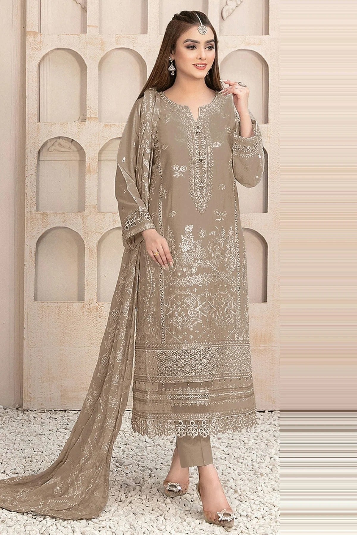 Beige Colour Semi Stitched Faux Georgette Pakistani Suit SM1140184