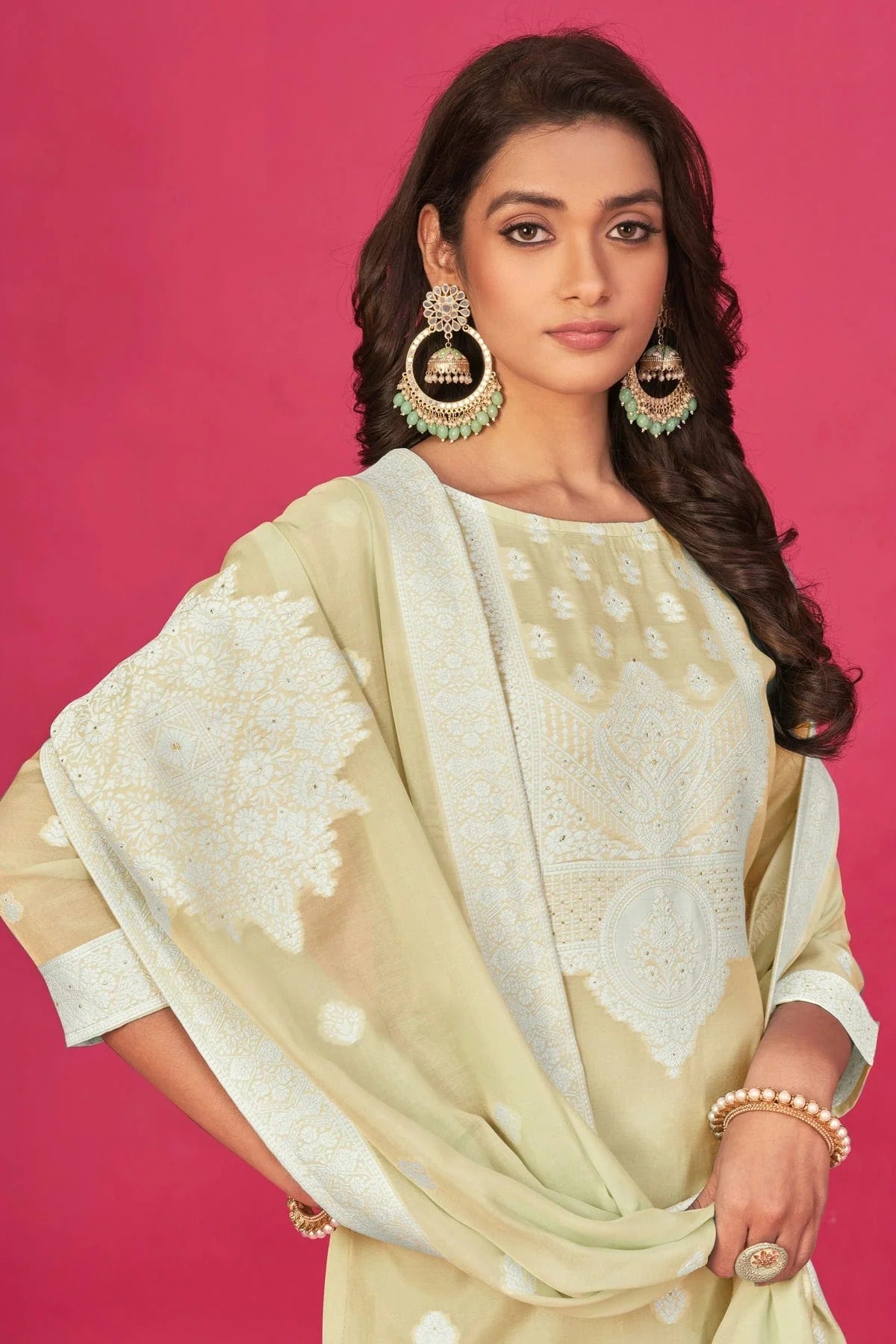 Beige Colour Semi Stitched Jacquard Straight Suit SM1140194 A